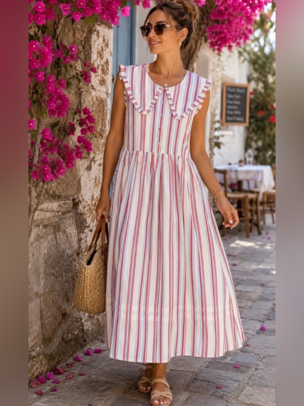 NWT Caroline Constas Sailor Collar Striped Cotton Maxi Dress Coastal large